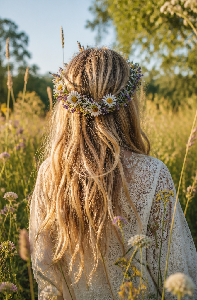 10 Hippie Hairstyles That Defined the 1960s and Still Work in 2026 8 A model wearing a flower crown with loose, tousled waves.