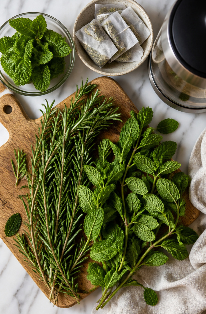 Rosemary Water for Hair Growth: How to Make and Use It at Home 8 Fresh mint leaves alongside rosemary for potential use.