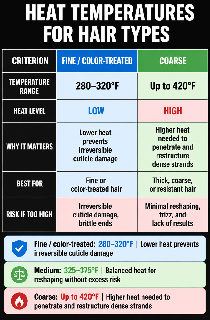 An information image listing heat temperatures by hair type.