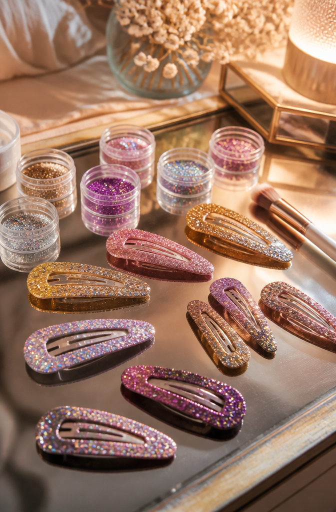 DIY Hair Clips: 12 Ideas for Statement, Bow, Beaded and More 8 Glitter-covered hair clips on a glass surface with colorful glitter jars nearby.