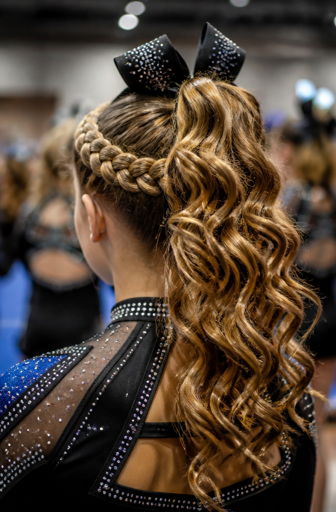 18 Cheer Hair Styles: Ideas for Every Practice and Competition 8 A cheerleader models a crown braid with a curled ponytail.