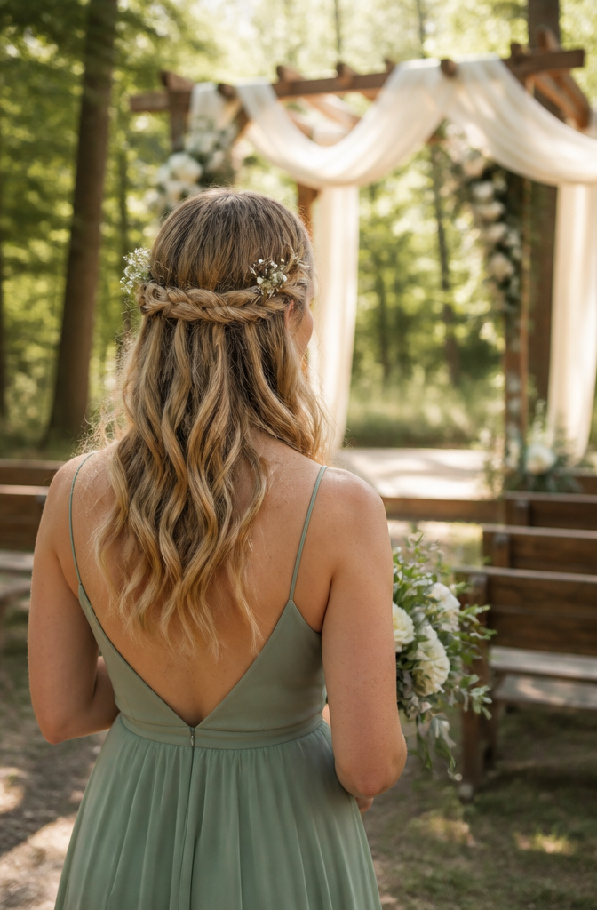 12 Bridesmaid Hairdo Ideas for 2026: Updos, Braids, Waves & More 8 Bridesmaid with a crown braid and flowing waves.