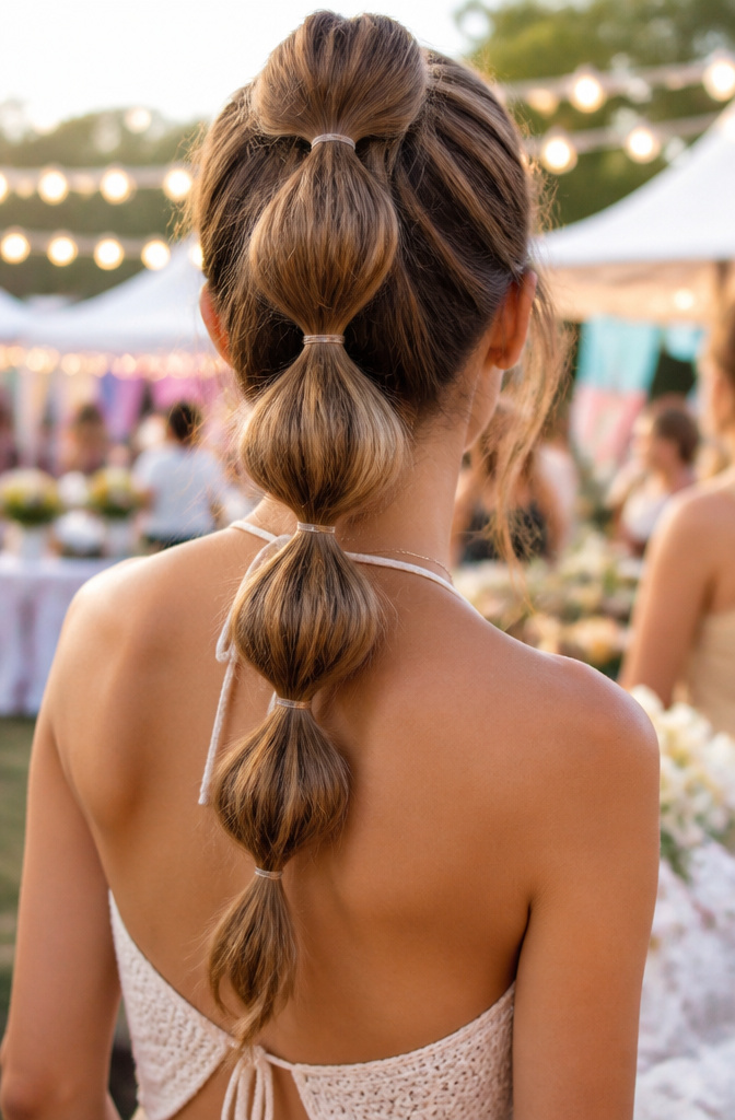 20 Easy Hairstyle Ideas You Can Do in Minutes (2026) 8 A ponytail styled into a bubble braid with spaced elastics.