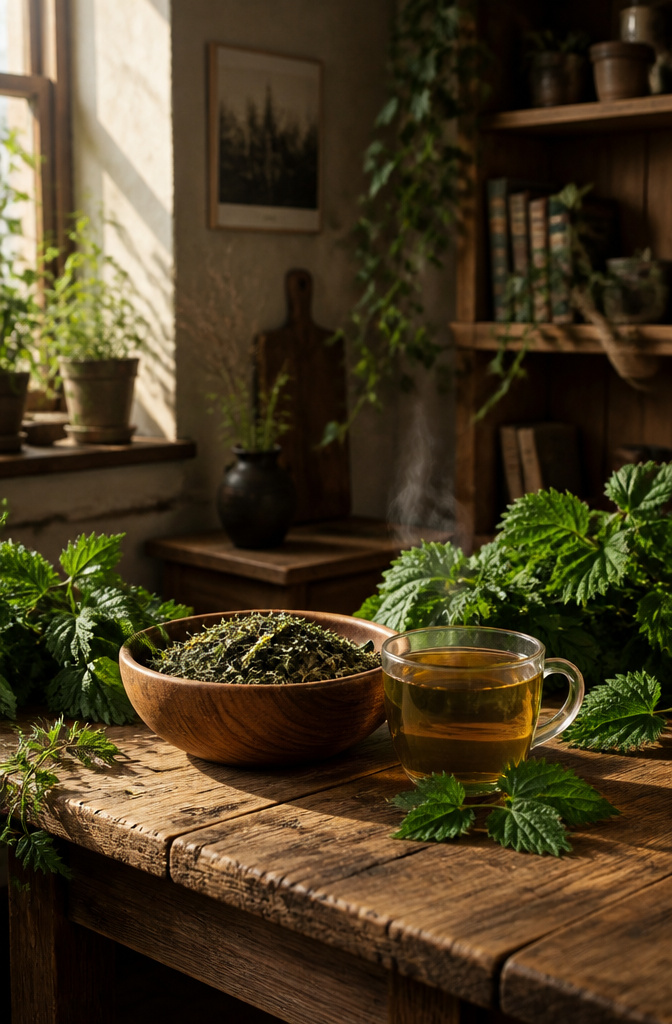 Dried stinging nettle with a glass vial of extract on a stone slab.