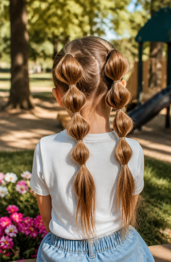 15 Quick Braided Hairstyles You Can Do in Minutes for 2026 8 Young girl with long straight hair styled in double bubble braids.