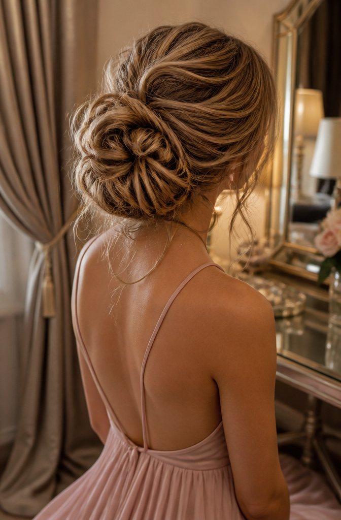 20 Prom Hairstyles for Long Hair: Ideas for 2026 8 A voluminous chignon hairstyle with soft face-framing pieces.