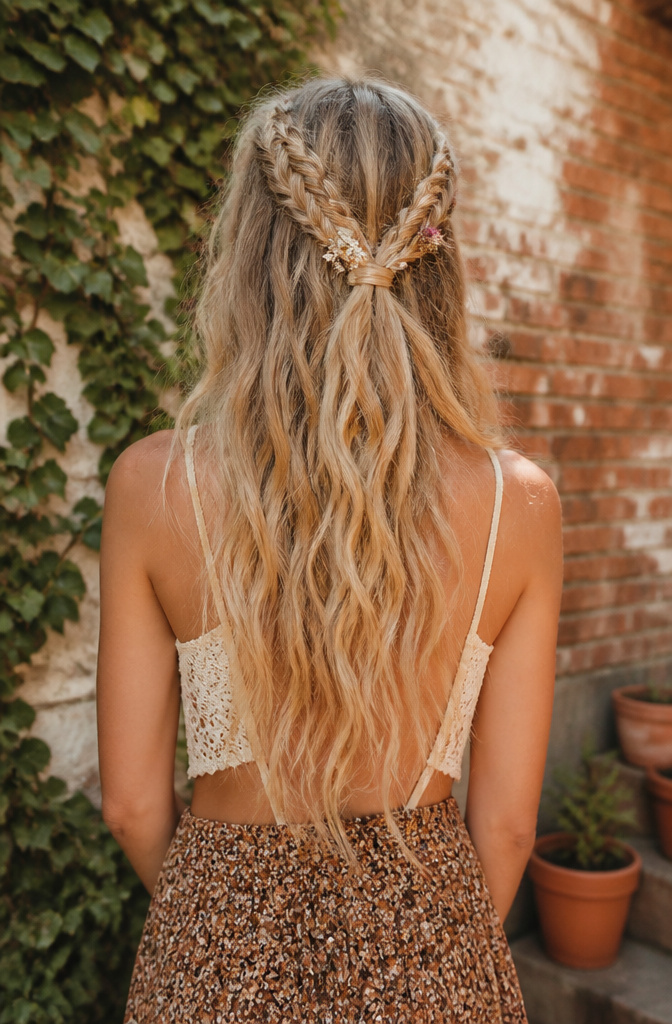 10 Hippie Hairstyles That Defined the 1960s and Still Work in 2026 9 A model with half-up braids and soft waves against old brick.