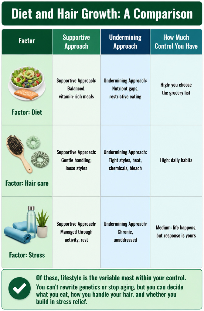 How to Grow Your Hair Faster: 7 Steps Backed by Research 9 Comparison chart of diet and hair growth effects.