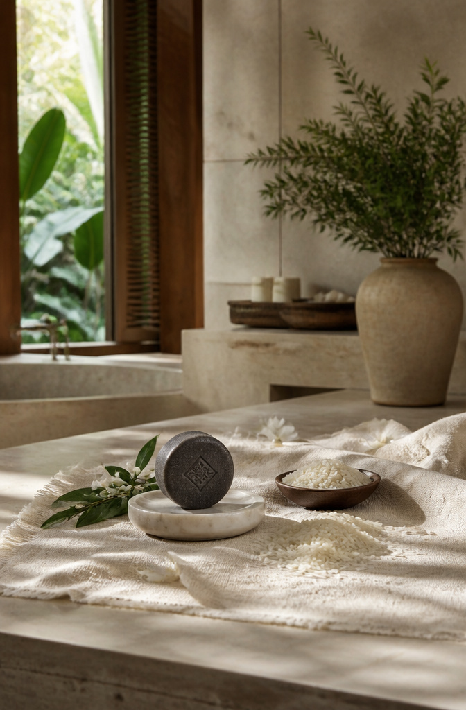 A Viori shampoo bar resting on a textured surface.