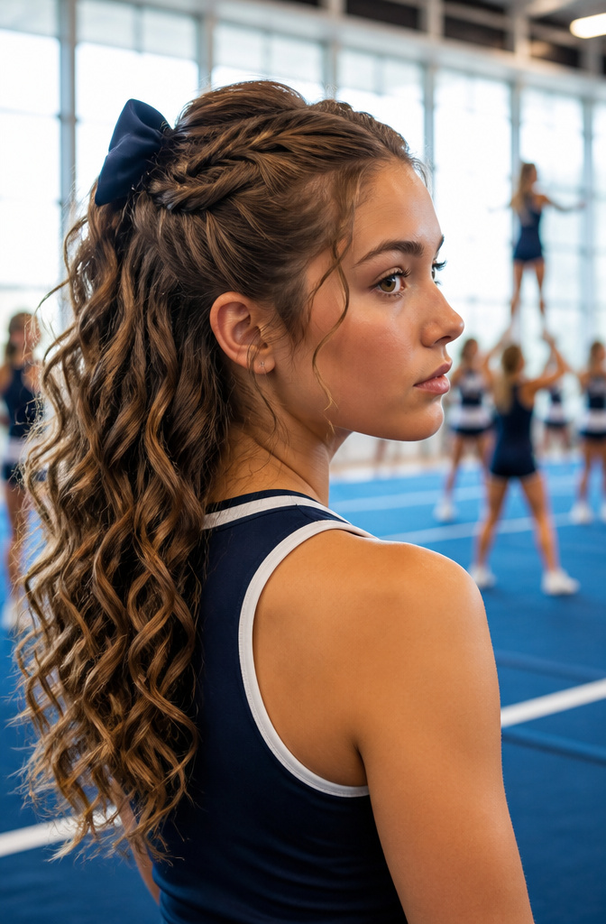 18 Cheer Hair Styles: Ideas for Every Practice and Competition 9 A cheerleader with pinned back curls in a practice arena.