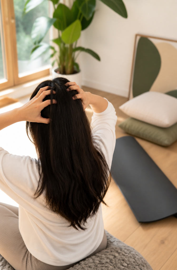 Scalp Massage for Hair Growth: Methods, Tools & Techniques 9 Individual performing self-massage on their scalp in a tranquil environment.