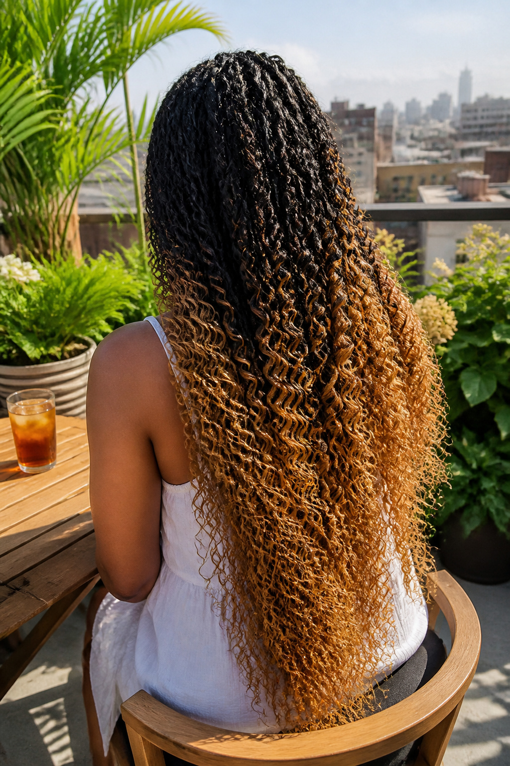 15 Crochet Braids Styles for 2026: From Box Braids to Butterfly Locs 9 Model with ombre crochet hair styled on a sunny rooftop terrace.