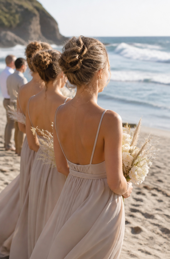 12 Bridesmaid Hairdo Ideas for 2026: Updos, Braids, Waves & More 9 Bridesmaid with a messy bun at a beach wedding.
