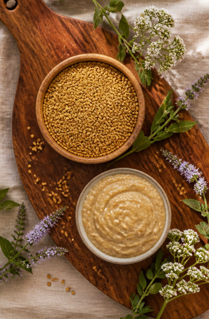 Ground fenugreek seeds in a bowl on a wooden surface.