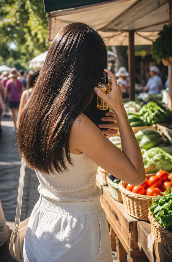 A photograph of a model touching up her hair in a humid outdoor market.