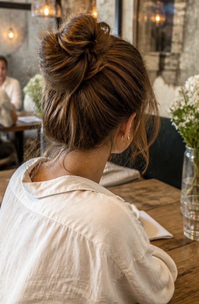 20 Easy Hairstyle Ideas You Can Do in Minutes (2026) 9 A model with a messy bun styled on top of her head.
