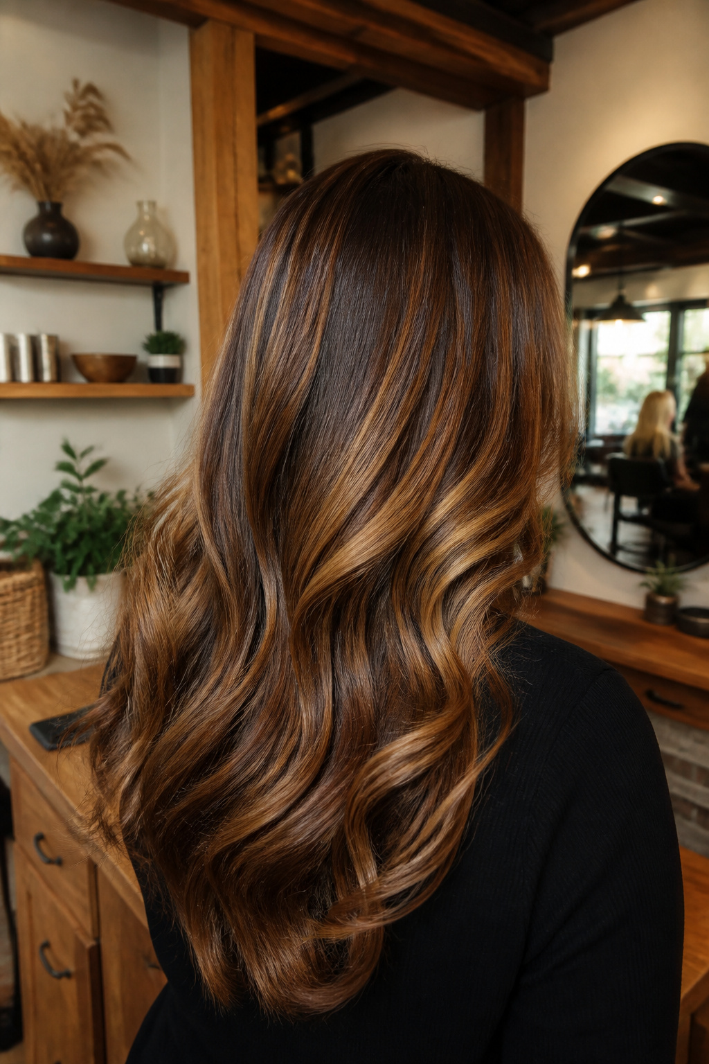 A model with chocolate brown hair and honey highlights reflecting light.
