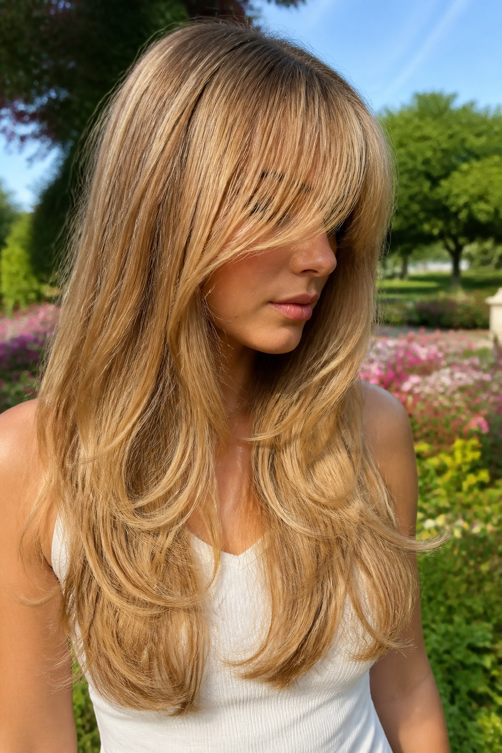 19 Trending Long Layered Hair with Bangs Styles for 2026 9 Model with honey blonde layers and full face-framing bangs.