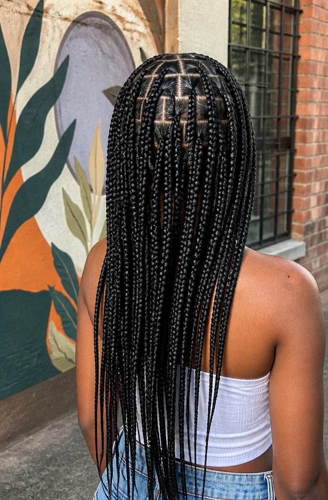 15 Quick Braided Hairstyles You Can Do in Minutes for 2026 9 Woman with box braids styled in a grid pattern.