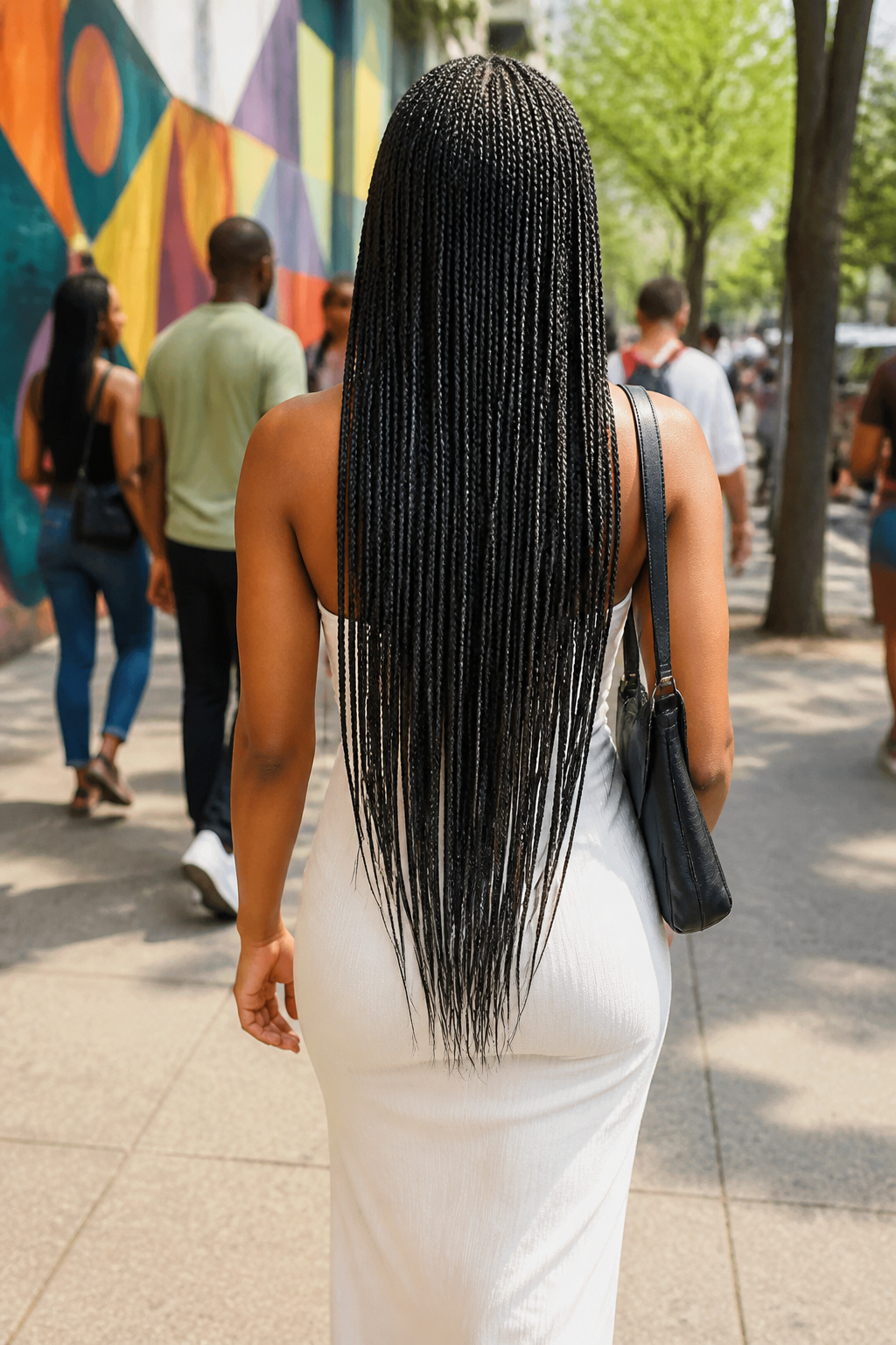 A Black woman confidently wearing micro braids in a city setting.