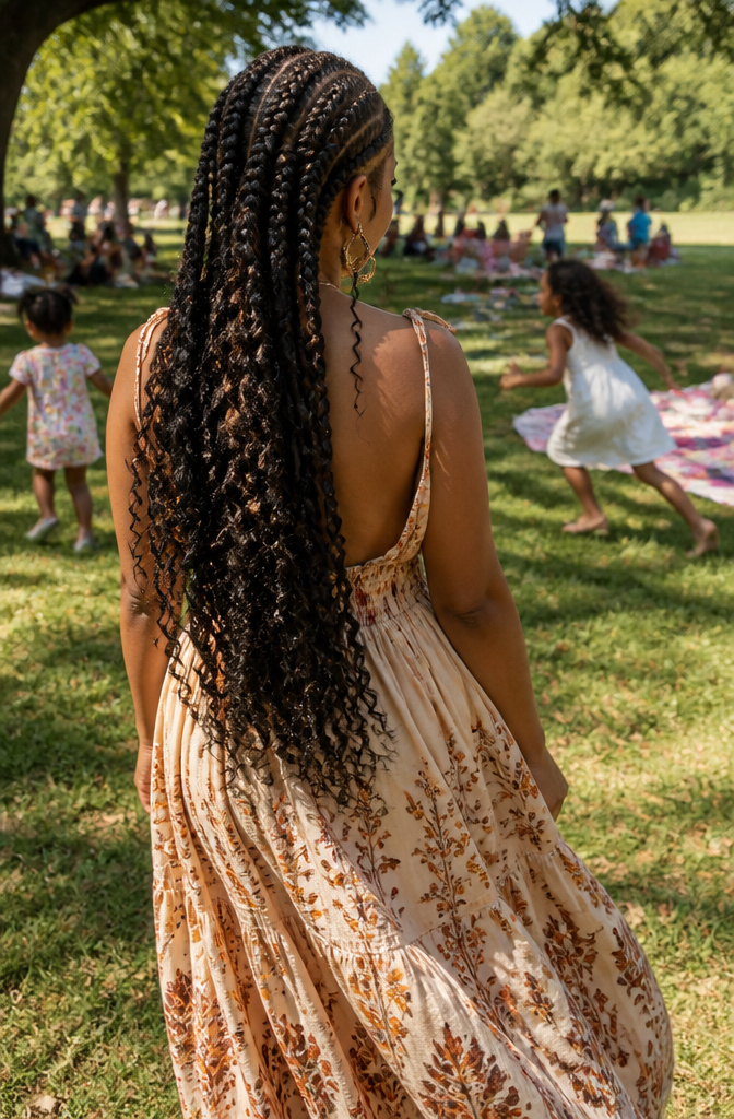 20 Pretty Hairstyles with Braids for 2026 9 Woman with goddess braids and soft curls in a colorful outdoor setting.