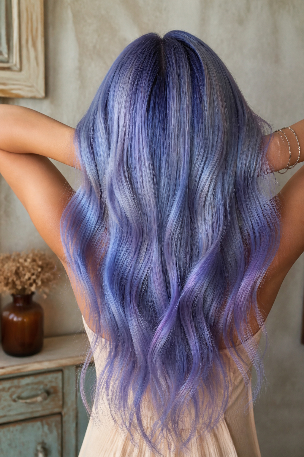 Best Holographic Hair Ideas: Colors, Styles and Techniques for 2026 9 Model showcasing periwinkle hair tones against a natural backdrop.