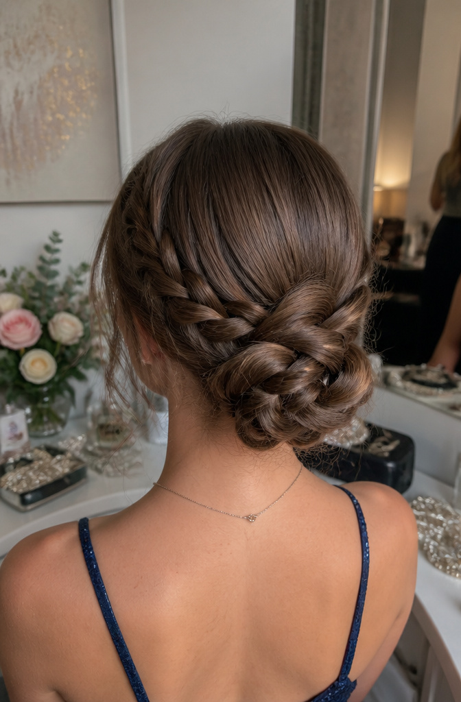 20 Prom Hairstyles for Long Hair: Ideas for 2026 9 A braided bun hairstyle featuring interlaced braided sections.