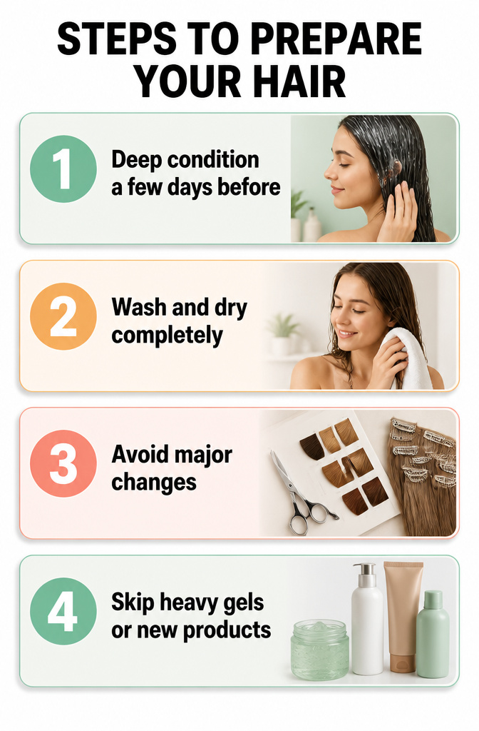 An informational image detailing steps to prepare hair for photos.