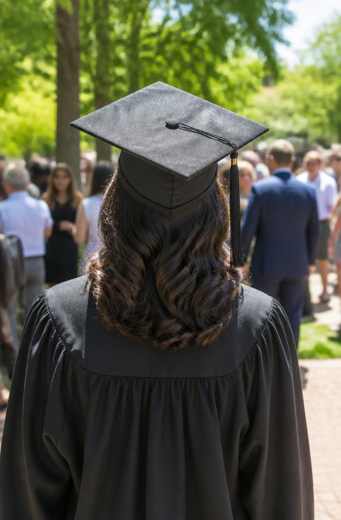 20 Down Hairstyles for Graduation That Work with a Cap 9 Graduate showcasing mid-length curled hair styled back beneath her cap.