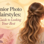 A model poses with various hairstyles suitable for senior photos.