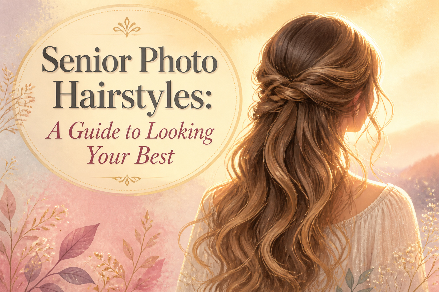 A model poses with various hairstyles suitable for senior photos.