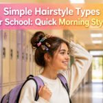 Girl with a high ponytail stands in a colorful school hallway.