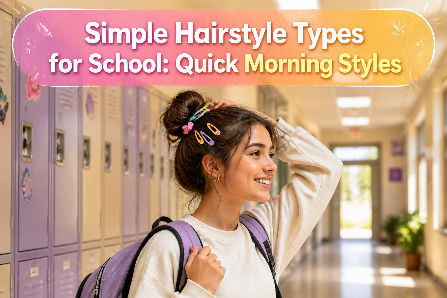Girl with a high ponytail stands in a colorful school hallway.