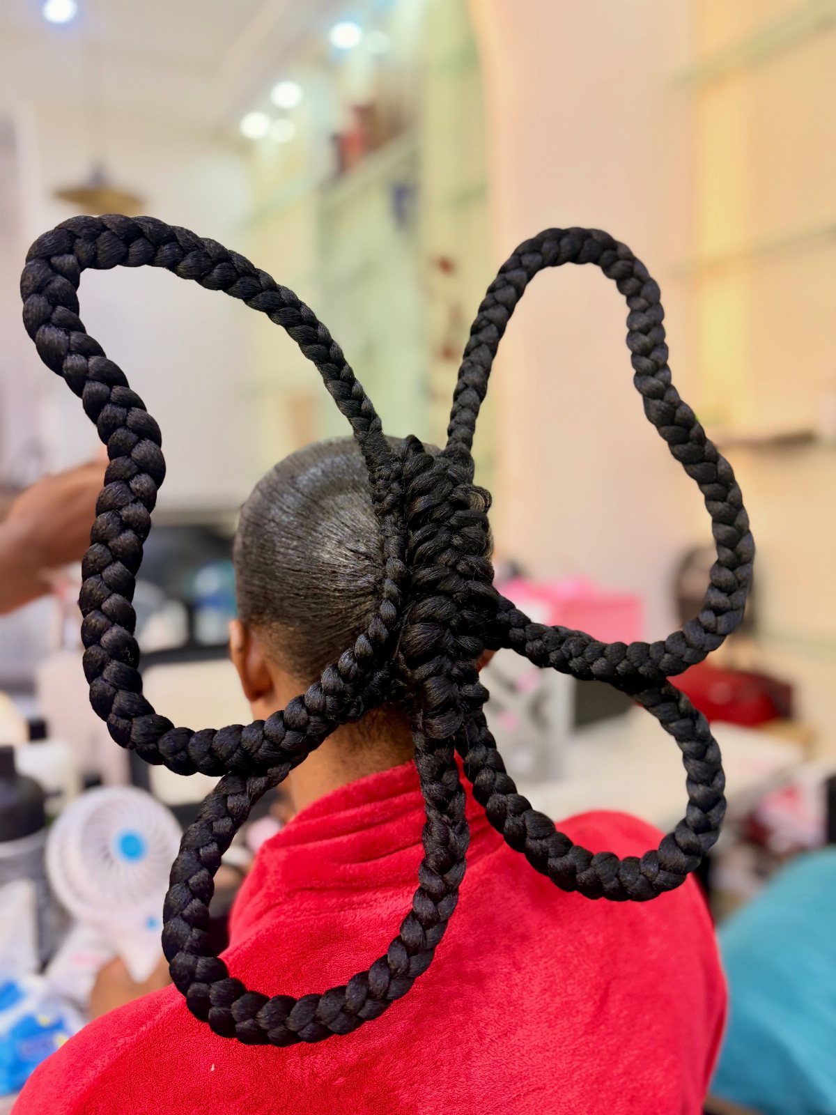 Intricate black braided hair styled into a large butterfly shape on a person